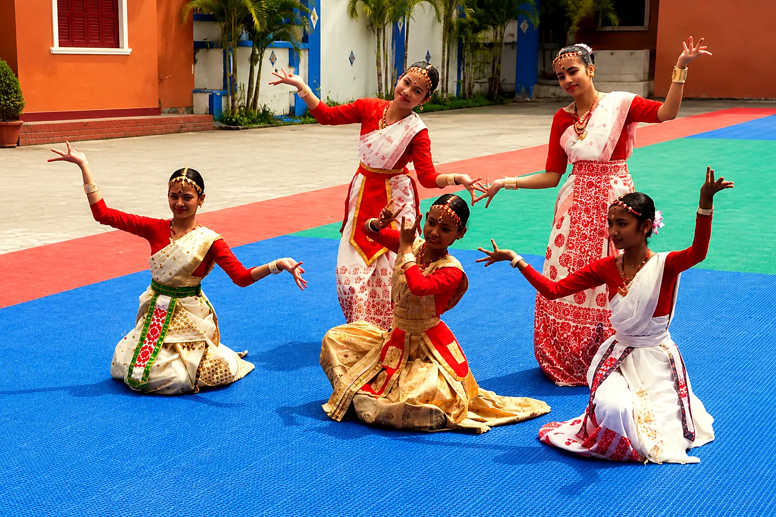 Bihu dancers on the school court